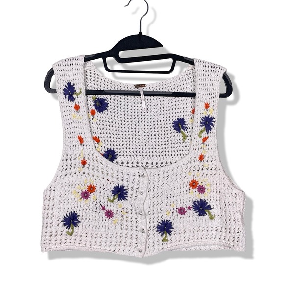 Free People Tops - Free People Knit Crochet Crop Button Up Top Womens M White Boho Cottagecore